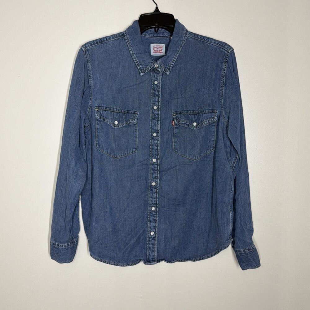 Levis Blue Denim Shirt Womens Large Pearl Snap Up Collared Western Cowgirl